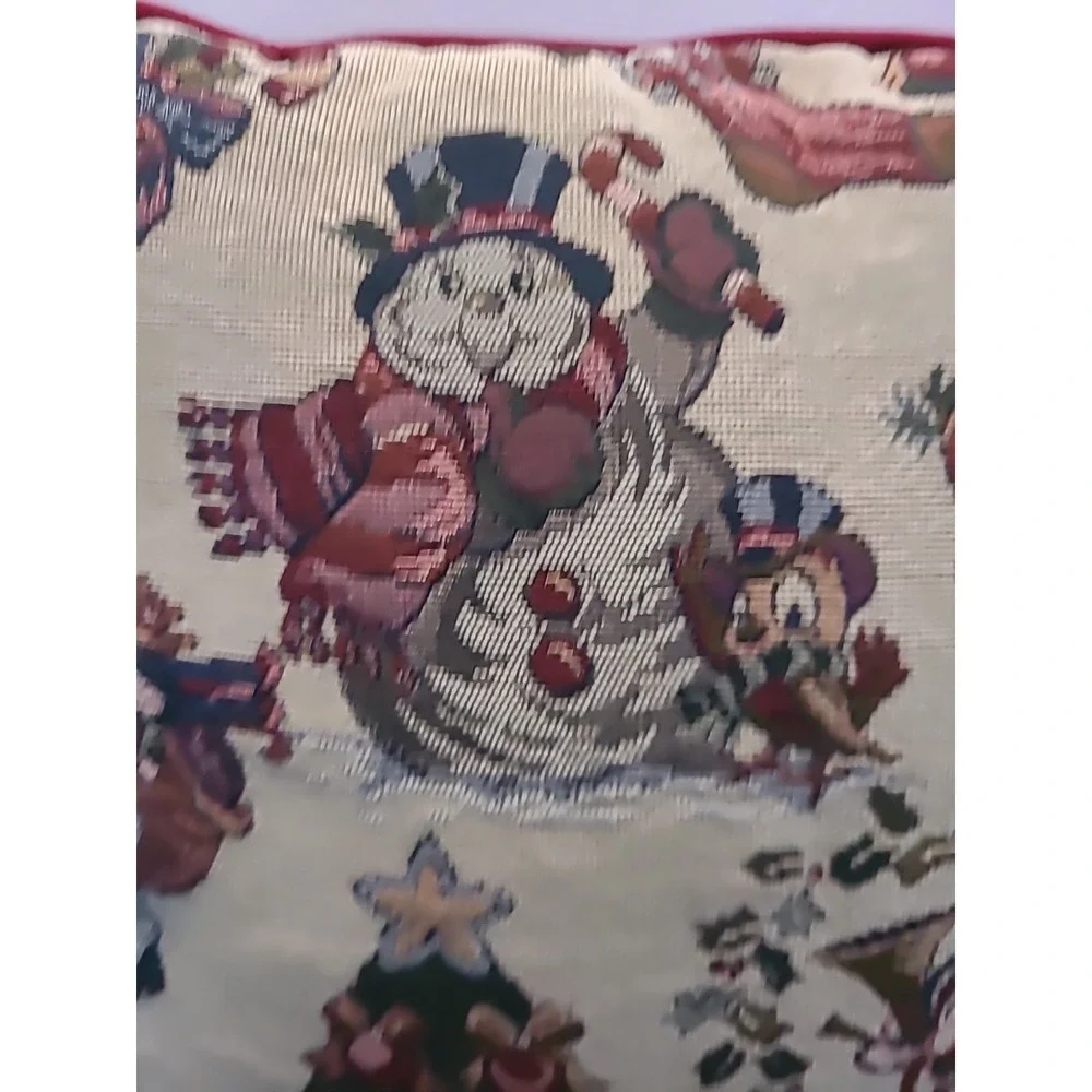 VTG Embroidered Christmas Tapestry Pillow 15x15‎ Snowman Santa Christmas Tree